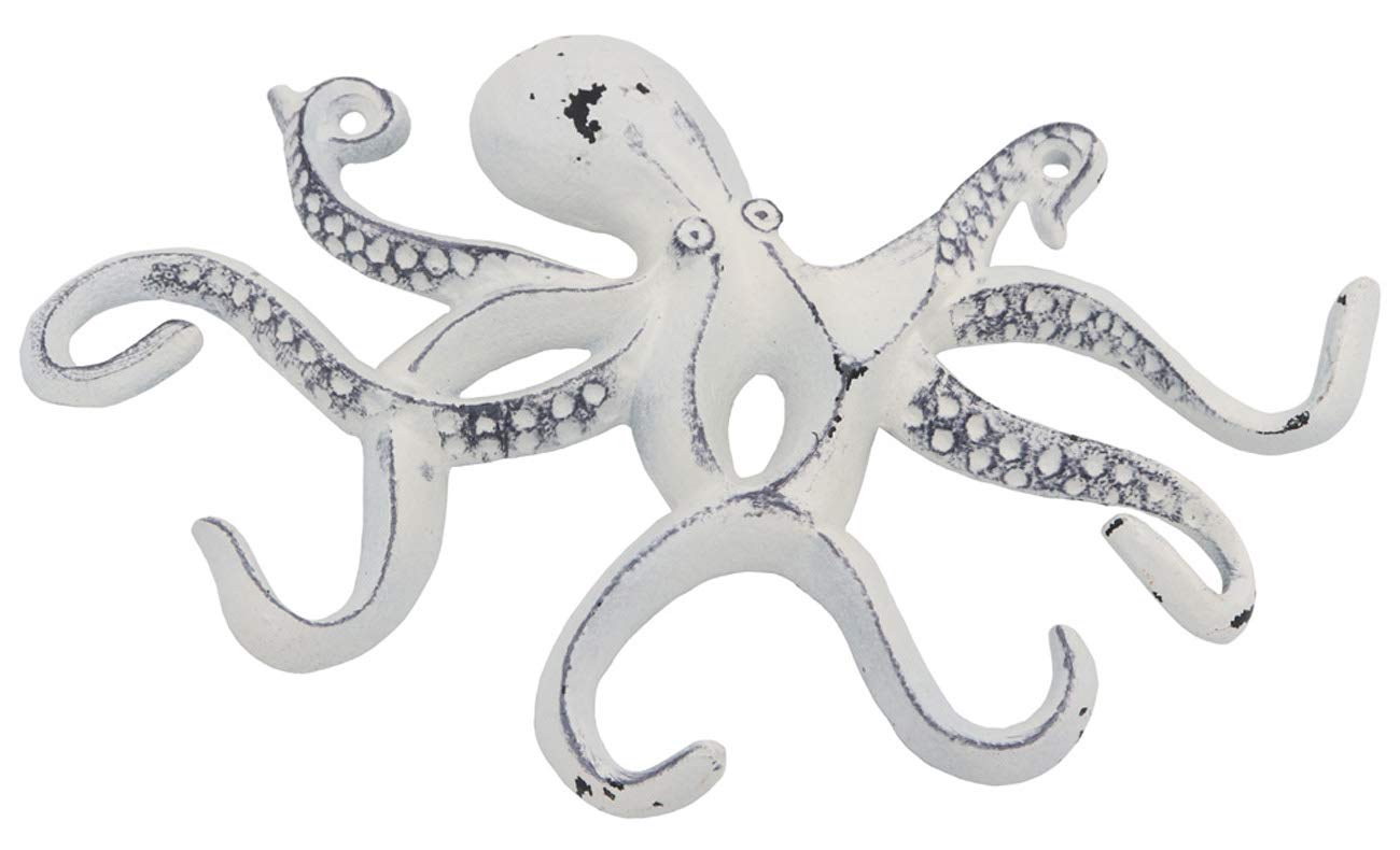 Octopus Keys Hook, Decorative Wall Mounted Nautical Wall Rack, Antique Key Holder Hook, Cast Aluminum Hanger for Hand Towel, Bathrobe, Jacket, Bedroom, Bathroom, Kitchen & Balcony (Distressed White)