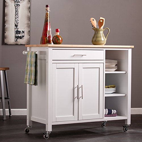 Southern Enterprises Rolling Kitchen Cart Island - Fixed Shelves w/Cabinet - White Finish w/Wood Top