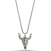 GOLD TROVE Stainless Steel Bull Skull Pendant Necklace for Men & Women – Long Box Chain, Western Gothic Biker Style, Durable Non-Tarnish Silver Finish Jewelry Gift for Everyday Streetwear & Layering