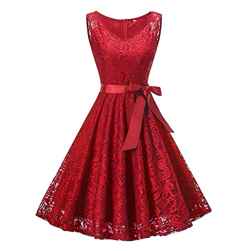 Hot Sale Bridesmaid Lace Dress DEATU Women Sleeveless/Long Sleeve Formal Ladies Wedding Bridesmaid Lace Long Dress(Watermelon Red,S) - Thumbnail 4