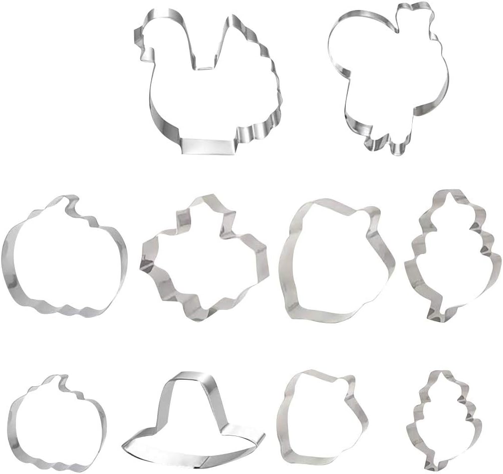 OCCOKO Biscuit Mould Fall Thanksgiving Cookie Cutter Set Pumpkin Maple Teardrop Leaf Squirrel Thanksgiving Stainless Steel Biscuit Mould(Silver 02#, 1Set (10pc）)