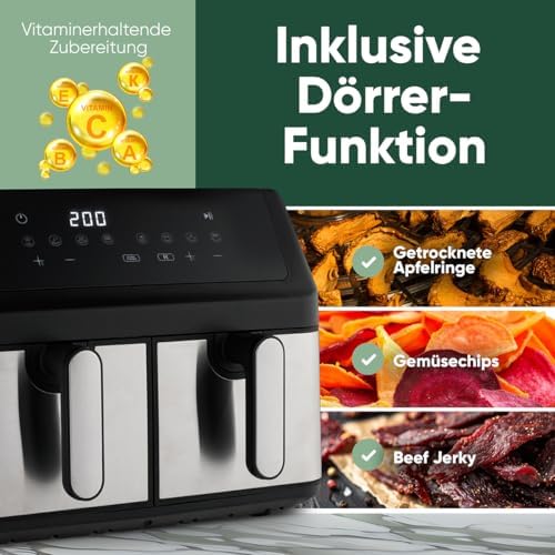 ProfiCook® Heißluftfritteuse 2 Kammern | Airfryer | 9 Liter | Heißluftfritteuse mit Zeitgleich-fertig-System | ohne Fett frittieren | Heissluftfritteuse | Behälter mit Antihaft | PC FR 1296 H