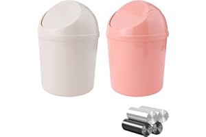 SITAKE 2 Pcs Plastic Mini Wastebasket Trash Can with Swing Lid and 120 Trash Bags, Tiny Desktop Waste Garbage Bin for Home, O