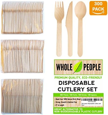 Disposable Wooden Cutlery Set by Whole People | 3 Piece | 300 pcs total, 100 Forks, 100 Spoons &amp; 100 Knives | Alternative to Plastic, Stainless Steel &amp; Bamboo Wood | For Camping, Travel, Party
