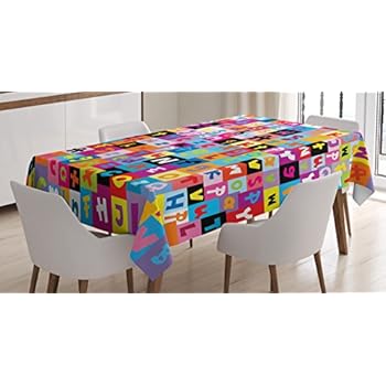 Ambesonne Abstract Tablecloth, Colored Alphabet Letters Pattern Education School Puzzle Children Graphic Print, Rectangular Table Cover for Dining Room Kitchen Decor, 60