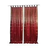 Mogulinterior Curtains Red Golden Brocade Indian Sari Curtains Set 96x44