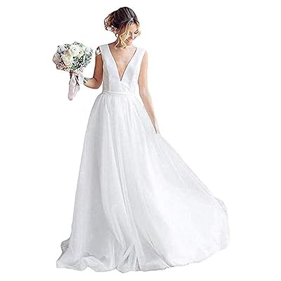 SIQINZHENG A Line Double V-Neck Wedding Dresses 2019 White Bridal Gowns