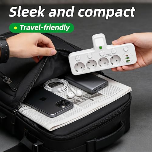 Power Strip with Individual Switch, 4 Sockets with USB and Night Light, 4 Mains Outlets + 1 Type-C + 2 USB Suitable for Home, Office, Phone, Portable