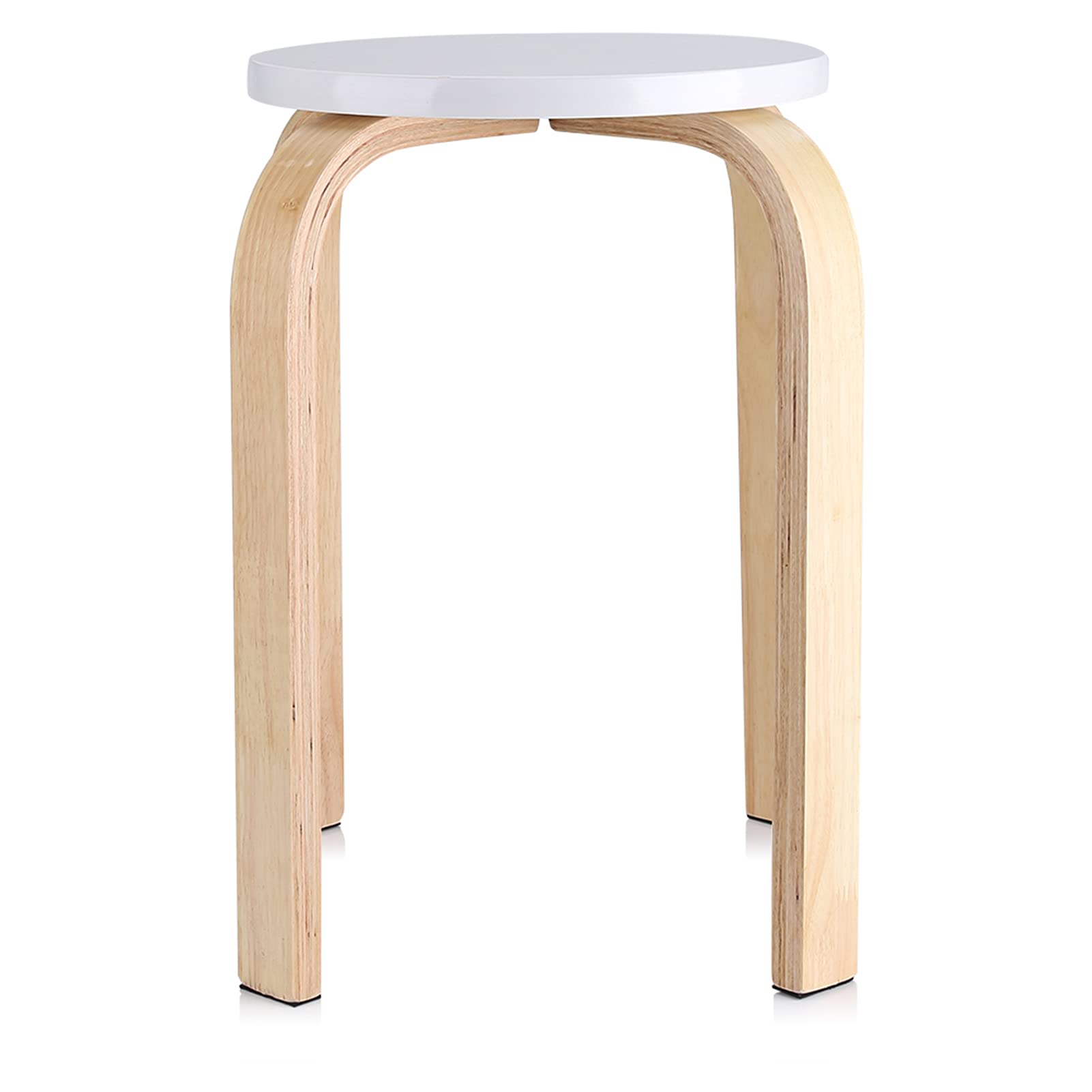 Natural Bent Wood Stool - White Round Stacking Chair with Anti-Slip Mat, 15.75 x 17.9 inch