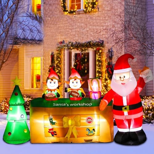 9 Ft Long Christmas Inflatables Yard Decorations, Blow Up Santa's Shop