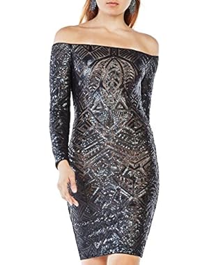 BCBG Max Azria Womens Eunice Sequined Long Sleeves Cocktail Dress