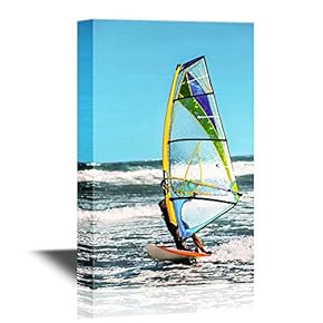 Water Entertainment Canvas Wall Art - Recreational Water Sports. Windsurfing - Gallery Wrap Modern Home Art | Ready to Hang - 12x18 inches