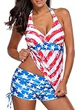 Aleumdr Womens Halter Neck Printed Deep V Neck Tankini Top Swimsuit with Swim Shorts