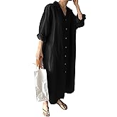 GGUHHU Womens Chic Button Down Rolled-Up Sleeve Long Cotton Blouse Maxi Dress (Large, Black)