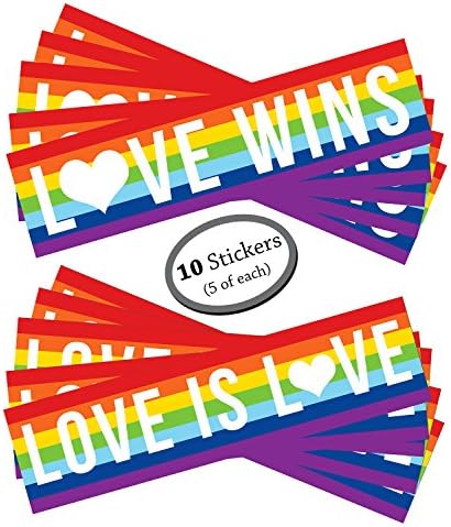 Gay Lesbian Marriage Sticker - 10 Pack - 5 Love Wins and 5 Love is Love - Use on car bumper, computer, as wall decorations, or give as a gift. 11.5" x 3". Rainbow Pride Flag for LGBT, LGBTQ rights.