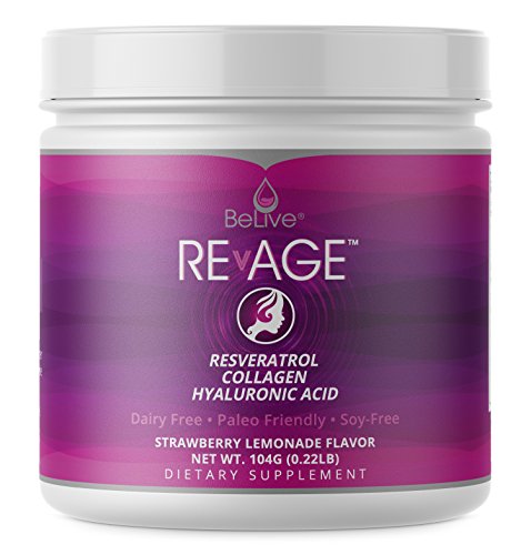 Hyaluronic Acid Supplement Powder with Hydrolyzed Collagen, VitaBerry and Resveratrol | Designed for Anti Wrinkle, Anti Aging and Antioxdiant Boost | Strawberry Lemonade Flavor - RevAge