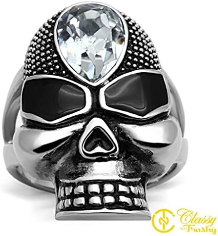 Classy Not Trashy Women's Fashion Jewelry Ring, Premium Grade Stainless Steel Clear Top Grade Crystal Skull Dome Shaped Ring Size 5