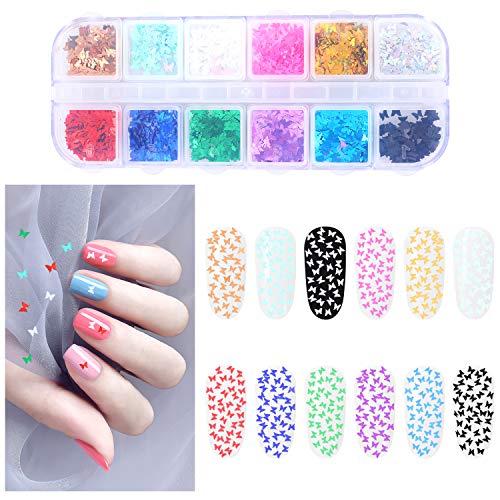 MAQUITA 24 Boxes 3D Butterfly Nail Art Glitter Sequins, Sparkle Laser Mermaid Butterfly Nail Sequin Acrylic Paillettes for Nail Art Decoration