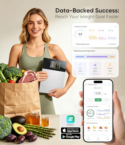 Smart Food Scale with Nutritional Calculator with 23 Nutrients Tracking&LED Display,Bluetooth Sync to Fitdays+ App,Stainless Steel,5KG Capacity,Calorie Counting for Calorie Control&Fitness Goal,Silver