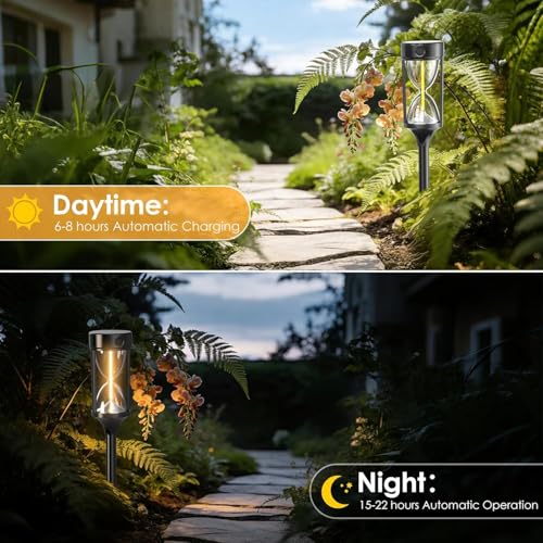 Quntis 8 Pack Solar Pathway Lights Outdoor,4 Dynamic Flowing Light Mode, Unique Hourglass,COB Bright Core,Waterproof Auto On/Off Solar Garden Lights for Yard Driveway Walkway Patio Lawn,Warm White