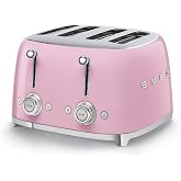SMEG 4 Slice Toaster TSF03, Retro Stainless-Steel Toaster with Wide Slots for Bagels, 6 Browning Levels, Defrost Reheat Bagel Functions, Dual Controls, Crumb Trays, 1800W - TSF03PKUS - Pink