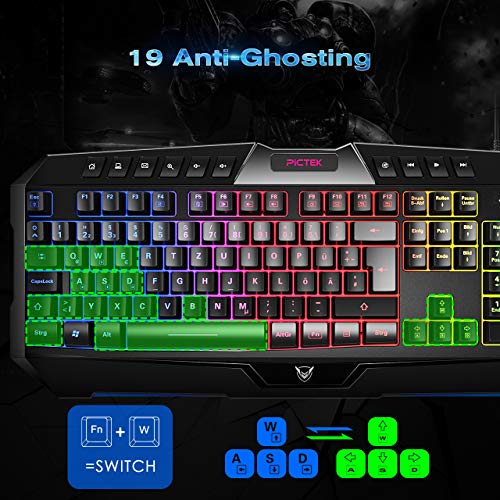 PICTEK Backlit Keyboard and Mouse Combo, LED Wired Gaming Keyboard, Ergonomic Keyboard, Wrist Rest Keyboard with Efficient Multimedia Keys, Programmable Gaming Mouse for Mac, PC, Laptop Gamers - Black