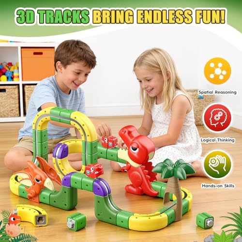 Brinquedos Dinossauros Rapaz 3 4 5 6 7 8 anos, 115 peças DIY Cubo Track Presente Rapaz Rapariga 3-8 Anos Conjunto de Comboios Elétricos Clickrail — foto 3 de 8