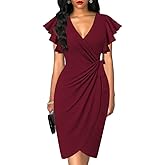 oten Womens Deep V Neck Ruffle Sleeve Sheath Casual Cocktail Party Work Faux Wrap Dress
