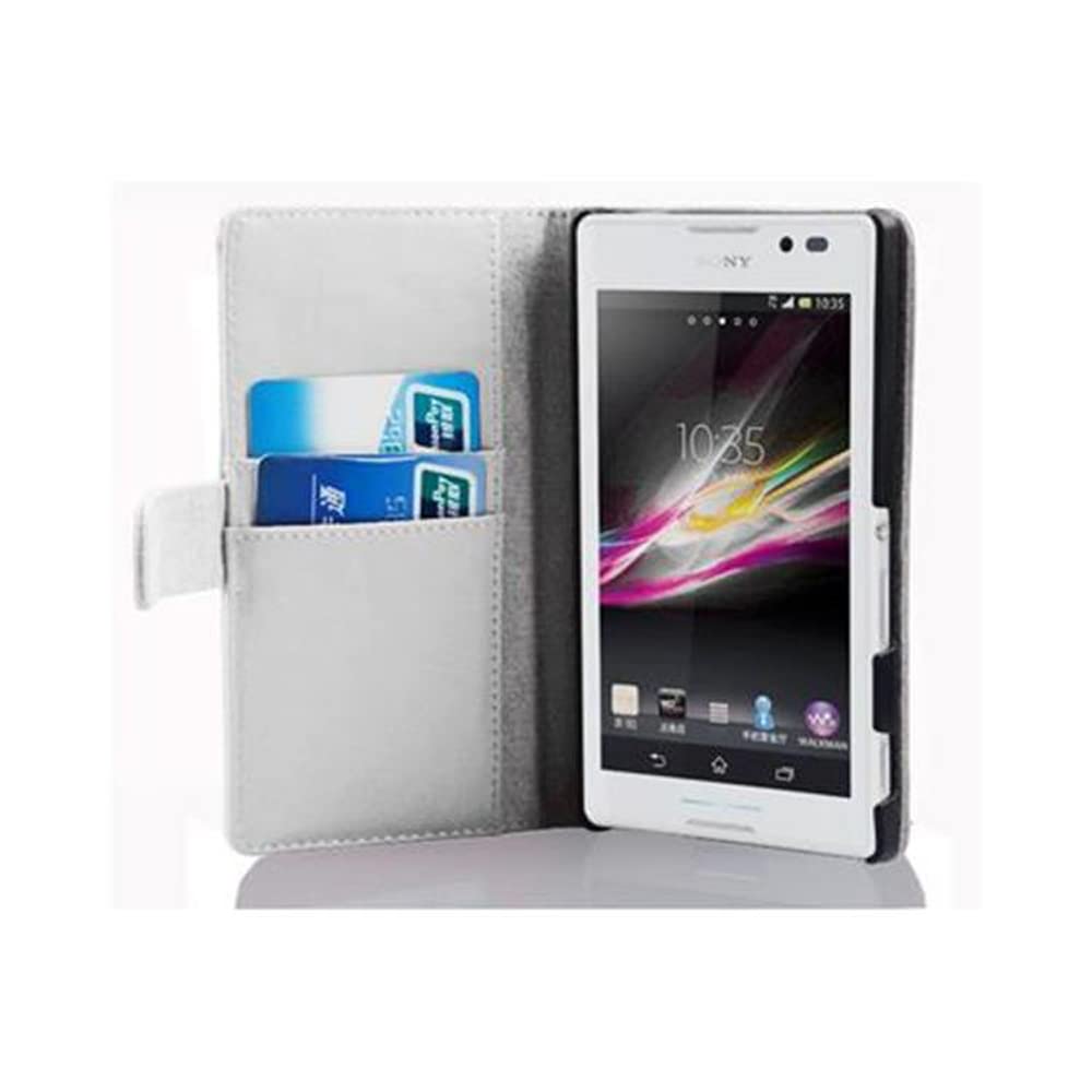 cadorabo Book Case works with Sony Xperia C in SNOW WHITE - with Stand Function and Card Slot made of Smooth Faux Leather - Wallet Etui Cover Pouch PU Leather Flip
