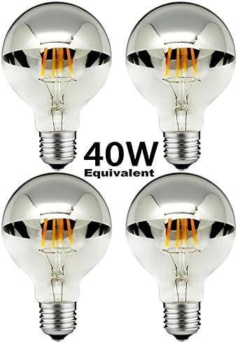 CanYa 4W Edison LED Filament Bulb half sliver with 2700K Warm White 400LM 110V E26 Medium Base Lamp Half Chrome Silver Shape Bulb G95 dimmable globe Shape 360 Degrees Beam Angle for living room 4 Pack