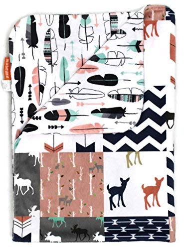 Dear Baby Gear Deluxe Reversible Baby Blankets, Minky Print Woodland Deer Quilt Feathers Pink, Mint, 38 Inches by 29 Inches