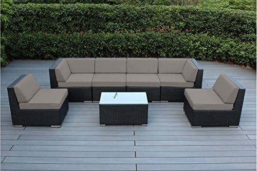 Ohana 7-Piece Outdoor Patio Furniture Sectional Conversation Set, Black Wicker with Sunbrella Rain Taupe Cushions - No Assembly with Free Patio Cover