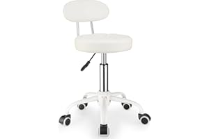 FNZIR PU Leather Rolling Stool with Back Support Height Adjustable Swivel Stool Chair with Wheels Drafting Chair for Spa Slaon Massage White