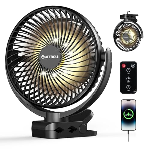Ateroll Desk Fan Clamp 10000 mAh Remote Control, 3 Speed, USB Battery Timer & LED Lights, 360° Rotation Portable Silent Fan Powered Batteries for Car, Camping
