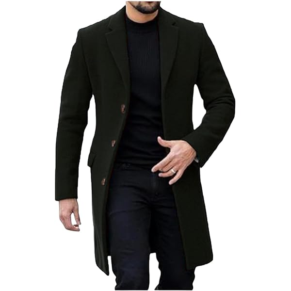 Men's Long Winter Coats Wool Blend Jackets Single Breasted Notch
