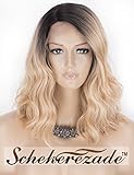 Ombre Blonde Lace Front Wigs Dark Roots Short Wavy Ombre Blonde Wigs for Women Scheherezade L Part Glueless Heat Resistant 14 Inches Mixed Fiber Short Bob Lace Front Synthetic Wigs Wavy Hair