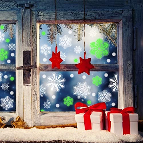 SallyFashion 141PCS Fluorescent Snowflake Window Clings Reusable Window Decals Stickers for Winter Window Decor Christmas Party