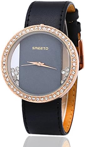 Women's Luxury Watches Rhinestone Watchcase Black Genuine Leather Bracelet Watch 3ATM Waterproof