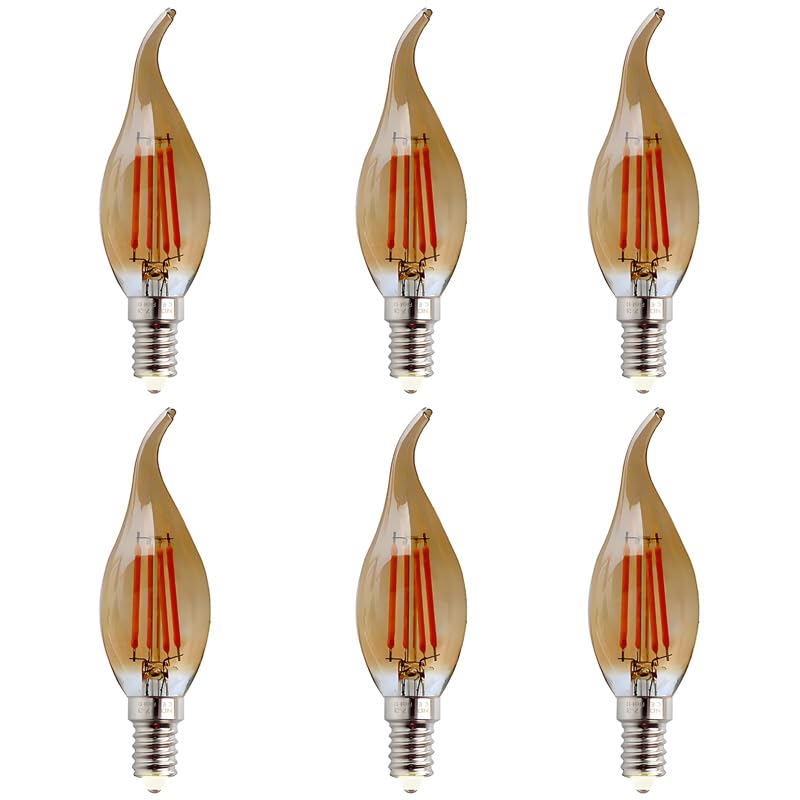 Jiotouhu Pack of 6 Bulbs Small Edison Screw Vintage Style LED Filament Amber Bulbs 4W=40W Antique Flame Light Bent Tip Candle Chandelier 360 Beam Angle Lamp E14 SES 2700K Extra Warm White