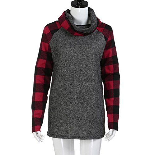 Tsmile Womens Turtleneck Cowl Neck Tops Plaid Patchwork Shirts Oversized Tunic Long Sleeve Pullover (Red, 2XL)