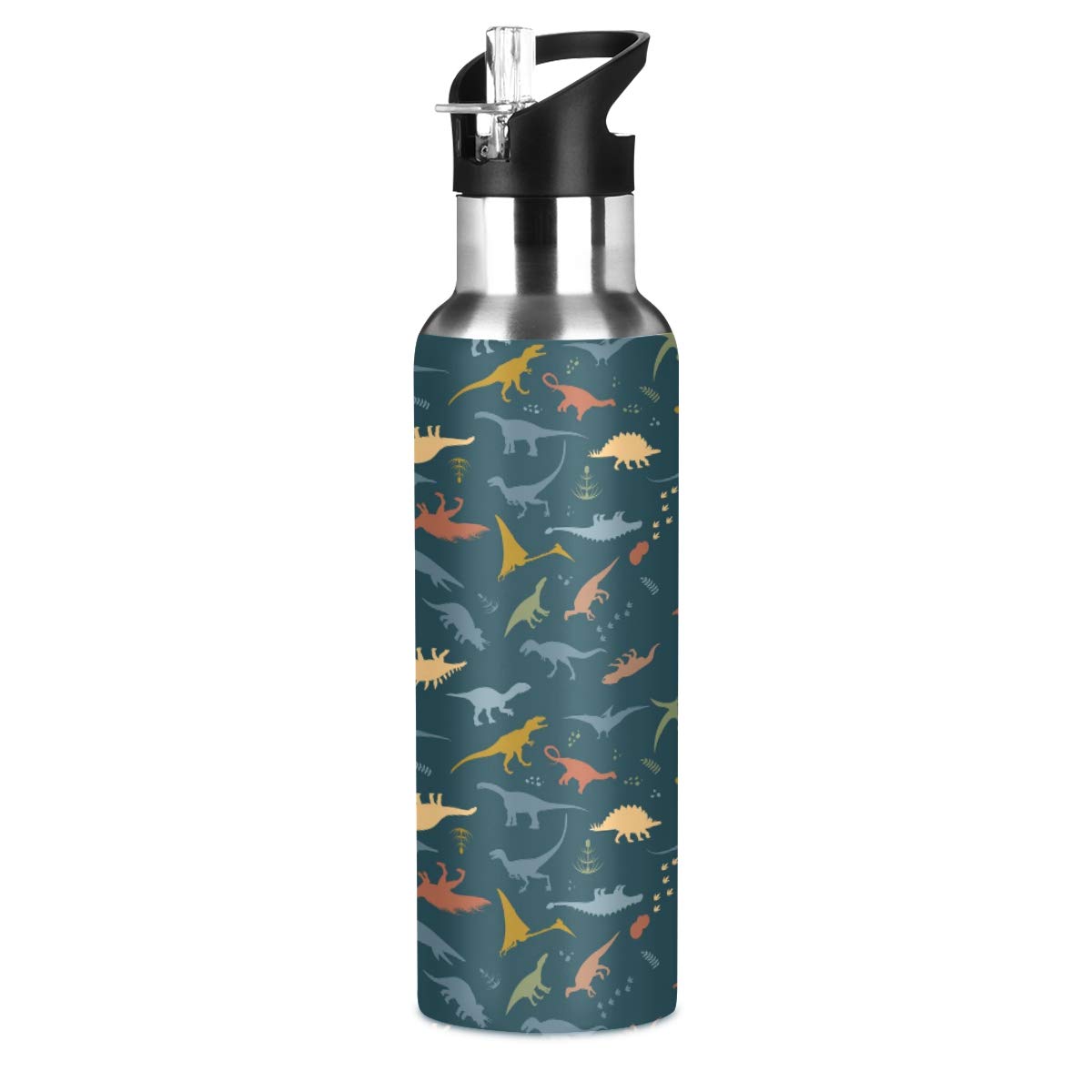 ALAZA Stainless Steel Water Bottle with Straw, Dinosaur Pattern Insulated Drink Flask Sports Water Bottle for Kids Adults, Leakproof, 600ml