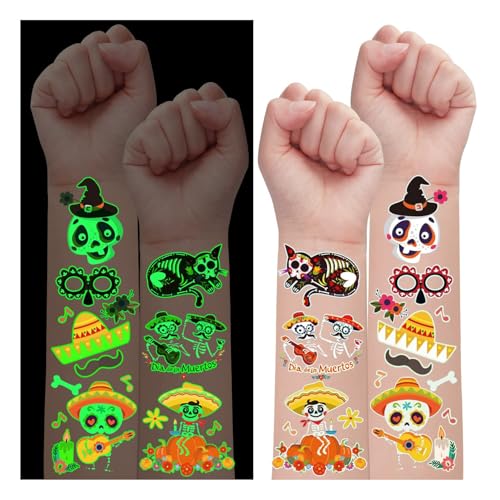 Partywind 100 Styles Luminous Day of the Dead Tattoos for Kids, Glow Halloween Day of the Dead Decorations Party Supplies Favors, Halloween Day of the Dead Costume Makeup