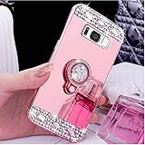 Galaxy S9 Plus Case,Lozeguyc Crystal Rhinestone Mirror Glass Case Bling Diamond Soft Rubber Makeup Case Compatible with Samsung Galaxy S9 Plus with Detachable 360 Degree Ring Stand--Rose Gold