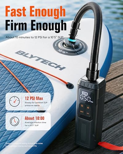 Mini Paddle Board Pump, Portable SUP Air Pump with Battery, Lightweight Electric Inflator 12 PSI Automatic Shut-Off, USB-C Rechargeable for Paddle Boards, Kayak, Pool Floats