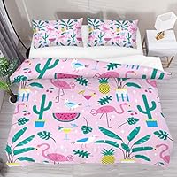 LUCASE LEMON ALEX 3 Pieces Pink Flamingo Cactus Pineapple Watermelon Duvet Cover Set (1 Duvet Cover + 2 Pillowcases) Full Size Breathable Soft Bedding Sets Room Decor for Adult Women Men Teens