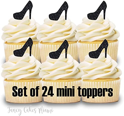 24 Cupcake Toppers BLACK GLITTER SHOES HIGH HEELS DIRTY 30 21ST BIRTHDAY PARTY BRIDAL BABY SHOWER DECORATIONS