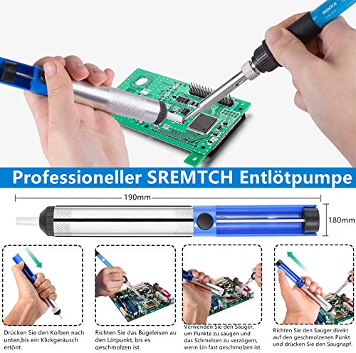 Lötkolben, SREMTCH 60W/220V Lötkolben Set mit Einstellbarer Temperatur knob 200-450°C und EIN/AUS-Schalter, 100g Lötzinn, 5 Lötspitzen, Entlötpumpe, Löten Ständer mit Schwamm, PU Bag für Reparaturen – Bild 5
