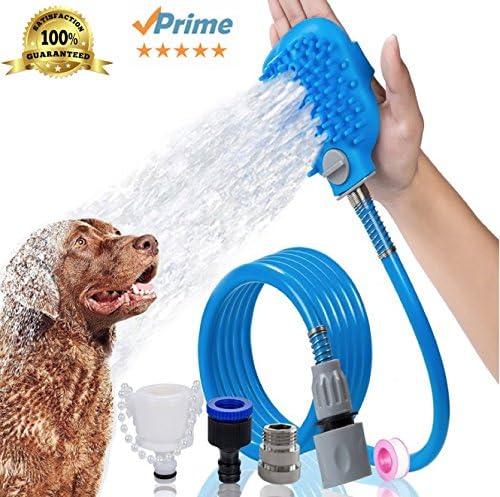 Pet Shower Attachment - Convenient Pet Bathing Massager to Wash Dogs Cats Pets - Set Includes Sprayer 8 Foot Hose 4 Handy Adapters For Faucets and Garden Hose For Indoor Outdoor Use Dog Scrubber