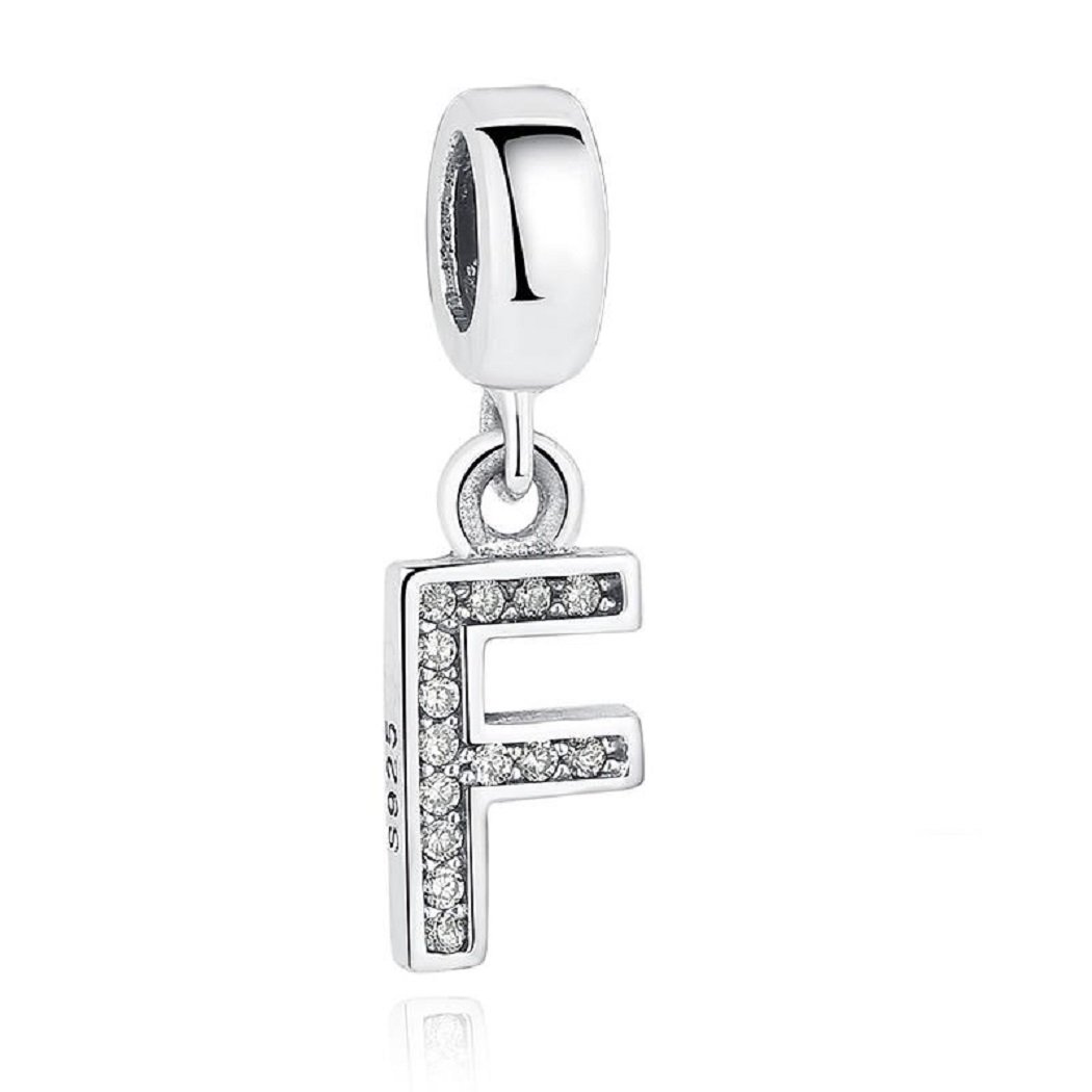 FeatherWish Sterling Silver 925 Letter A-Z Charms With Cubic Ziconia Compatible With Pandora Bracelet (Letter F)