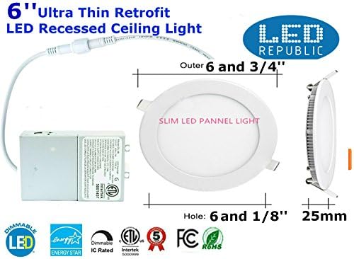 Led 15W 6-inch 1000 Lumen Dimmable Round LED Panel Light Ultra-thin 3000K Warm White LED Recessed Ceiling Lights for Home Office Commercial Lighting